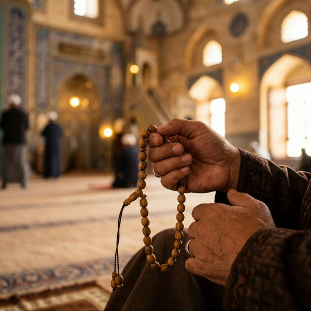 Wooden tasbih prayer beads held in hand